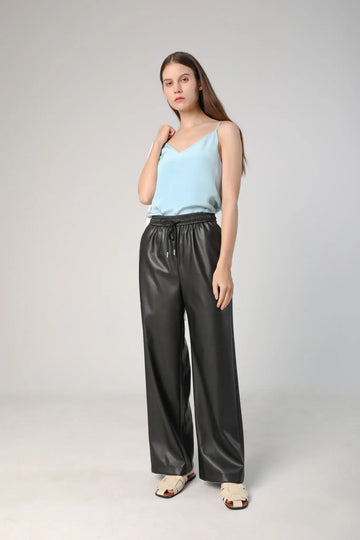 fibflx women's clothes faux leather wide leg pants elastic waistband with drawstrings loose fit black