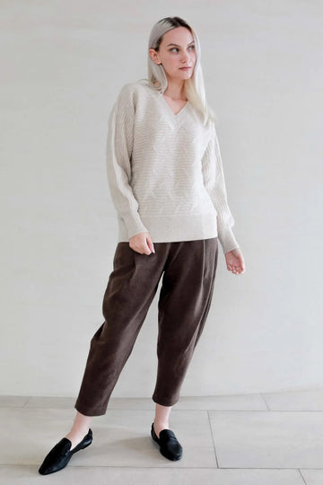 Fibflx women's winter sweater 100% pure cashmere v-neck horizontal cable knit sweater white ivory