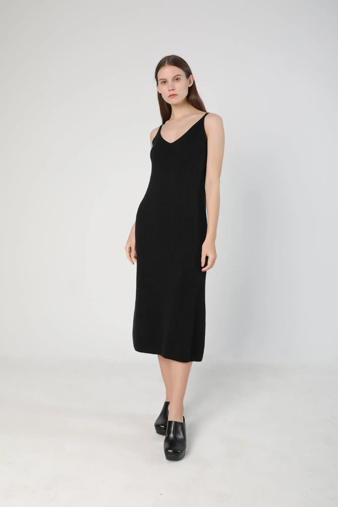 fibflx women's knit dress knit slip dress cashmere wool spaghetti strap midi length black