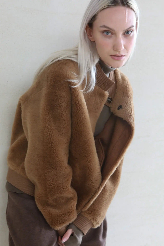 Fibflx women's clothes lamb shearling teddy jacket in brown fur jacket wool winter coat jacket bomber jacket