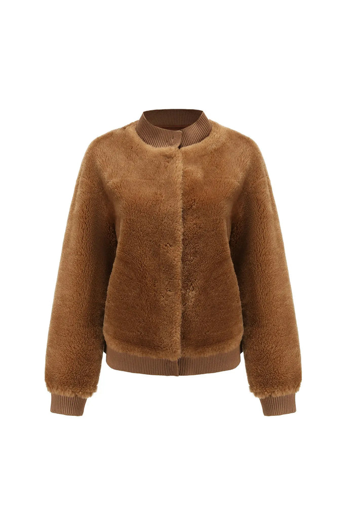 Fibflx women's clothes lamb shearling teddy jacket in brown fur jacket wool winter coat jacket bomber jacket