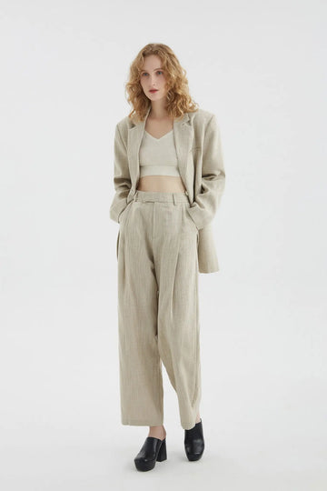fibflx women's clothes summer linen cotton fabric drape pants straight leg light pants wide leg beige