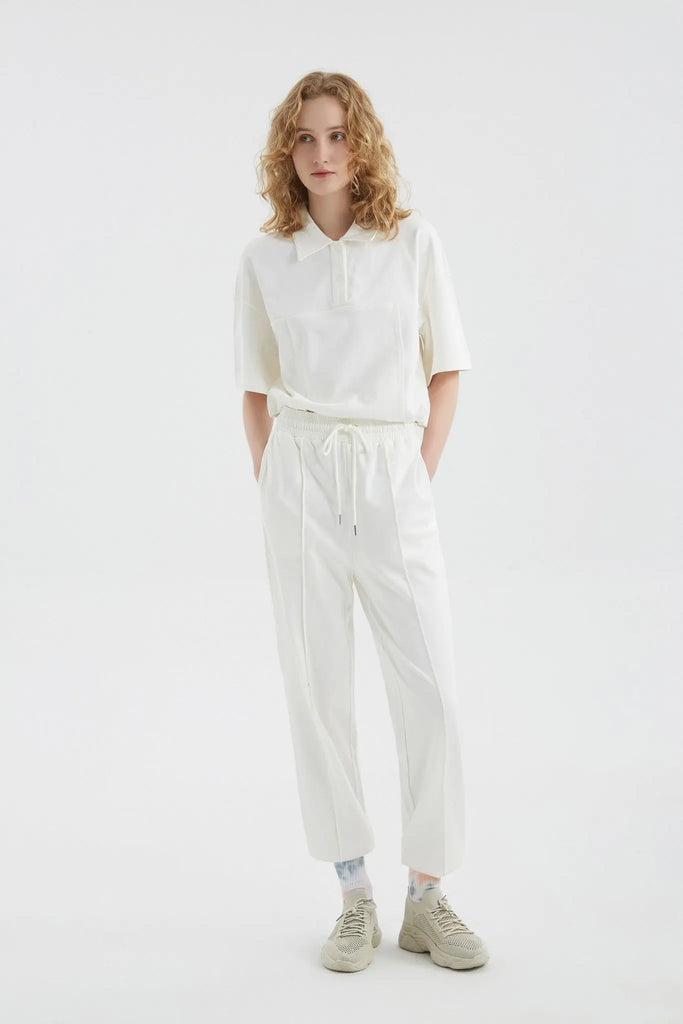 fibflx women's clothes polo collar crop top short sleeve shirt cotton t shirt matching set sweatsuit white