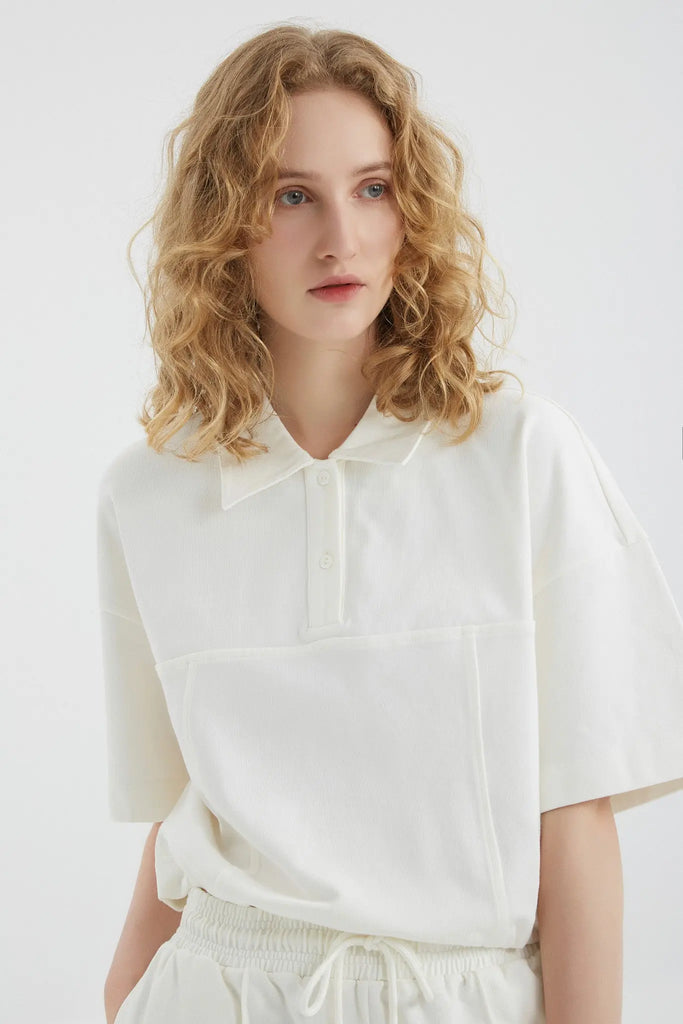 fibflx women's clothes polo collar crop top short sleeve shirt cotton t shirt matching set sweatsuit white