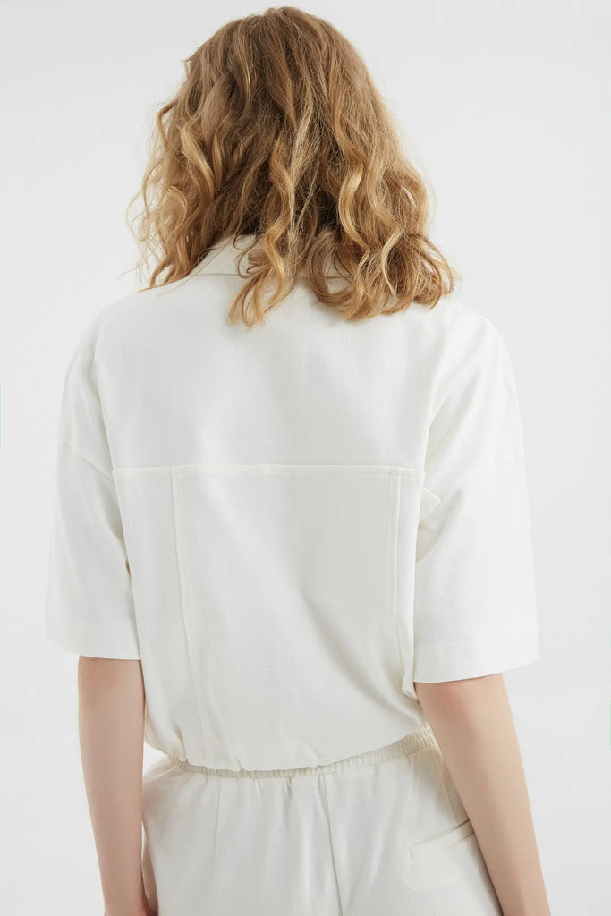 fibflx women's clothes polo collar crop top short sleeve shirt cotton t shirt matching set sweatsuit white