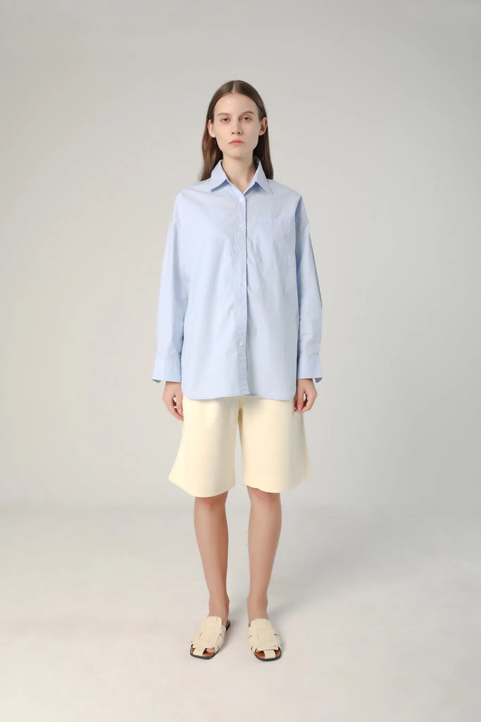 fibflx women's relaxed button down shirt front pocket oversize shirt summer light blue 100% cotton