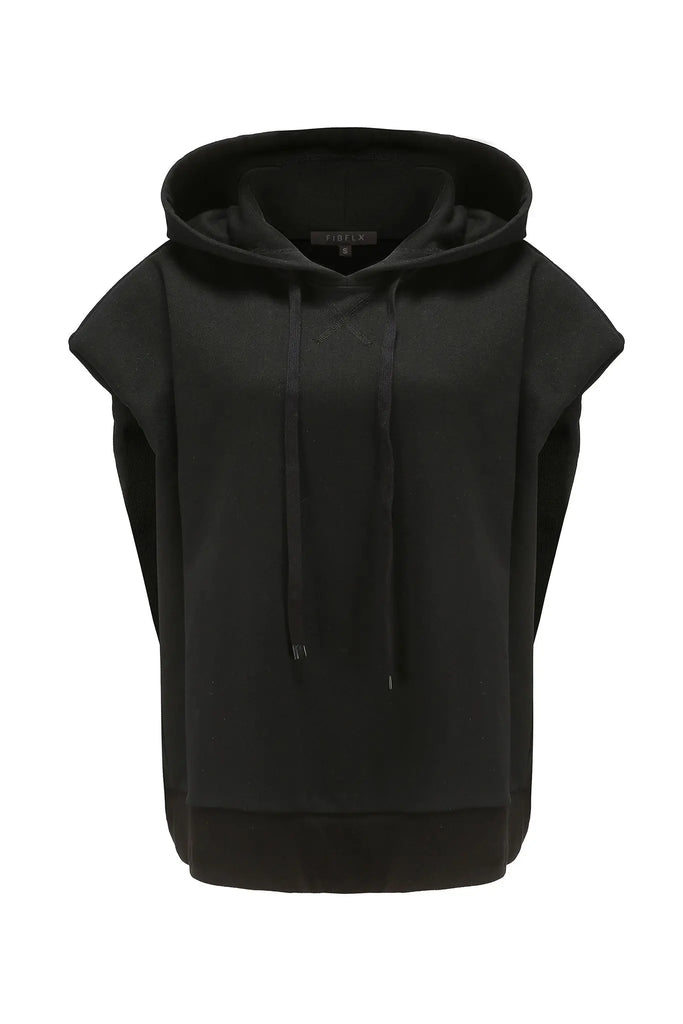 fibflx women's sleeveless hoodie terry cotton casual work out top black wide drop shoulders