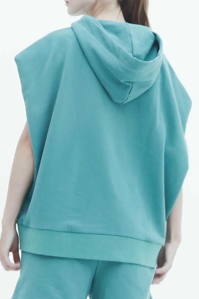 fibflx women's sleeveless hoodie terry cotton casual work out top green drop shoulders