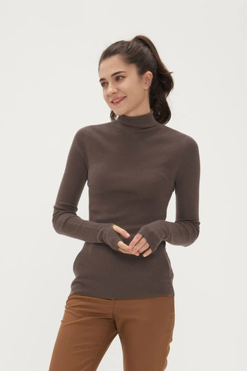 Fibflx Women's Slim Seamless Wool Turtleneck Sweater with Thumb Holes