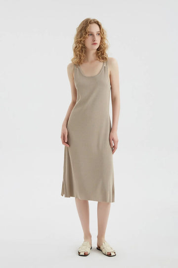 fibflx women's summer clothes spaphetti strap a line dress side slit beige