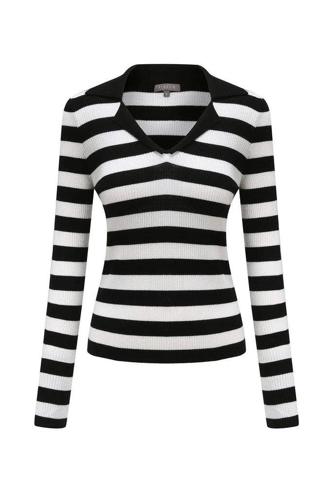 fibflx women's winter knitted sweater black and white striped long sleeve polo with collar