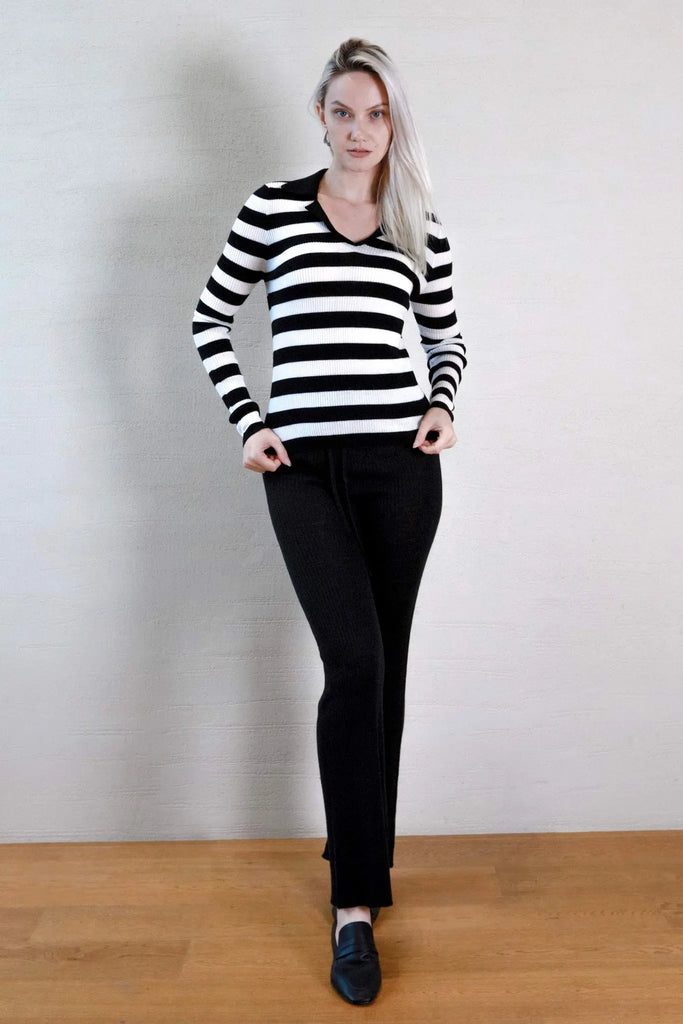 fibflx women's winter knitted sweater black and white striped long sleeve polo with collar