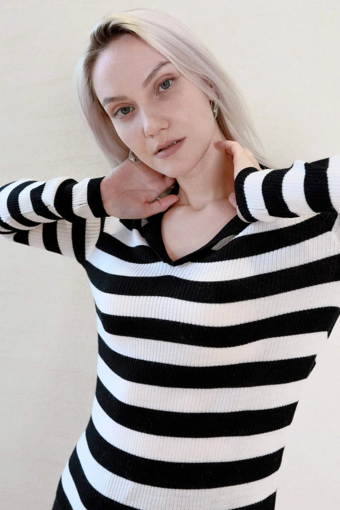 fibflx women's winter knitted sweater black and white striped long sleeve polo with collar