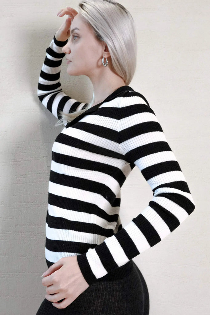 fibflx women's winter knitted sweater black and white striped long sleeve polo with collar