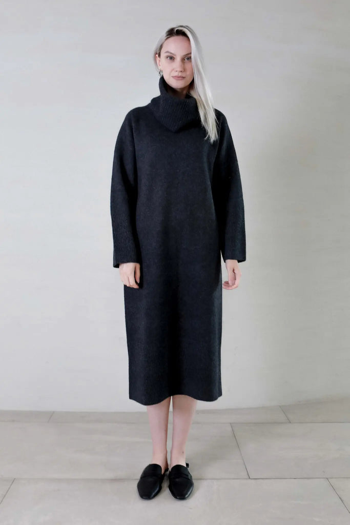 Fibflx women's clothes Turtleneck Merino Wool Sweater Dress high neck black winter midi dress