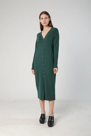 Fibflx women's V-Neck Cardigan Sweater Dress in Merino Wool green fall spring winter gift