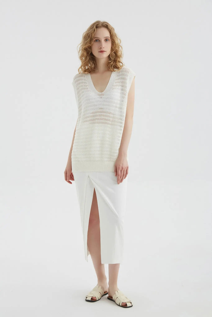 white v neck tank top light see through sweater linen cotton tencel fabric women's summer clothes fibflx