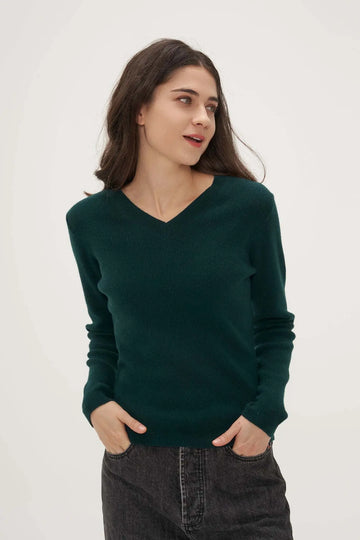 Fibflx V-Neck Sweater in Cashmere and Wool Green