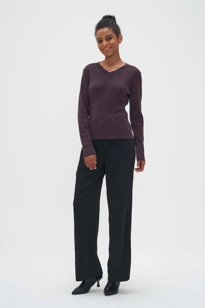 Fibflx V-Neck Sweater in Cashmere and Wool Eggplant