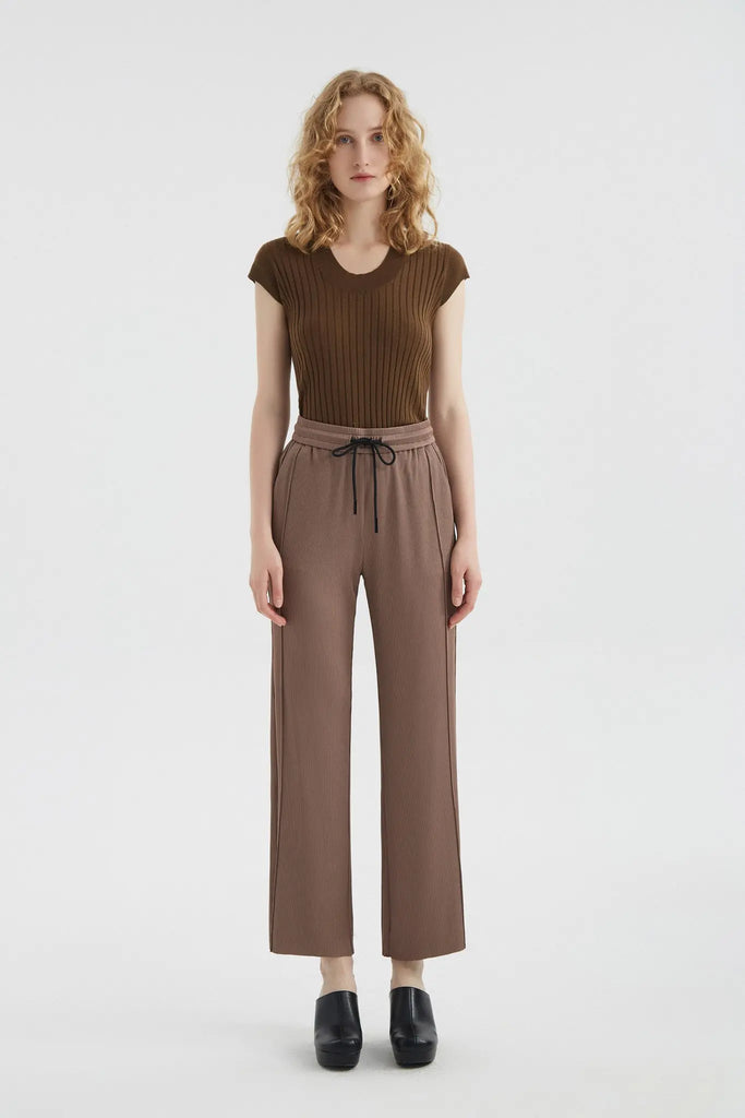 fibflx women's clothes summer fall straight drape pants wide leg fit acetate fabric brown khaki