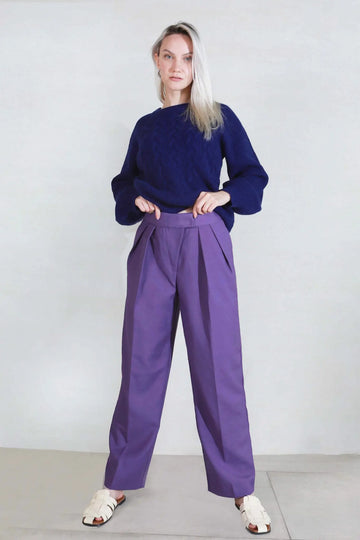 Fibflx women's clothes wide leg merino wool pants purple zipper closure warm winter high waist pants