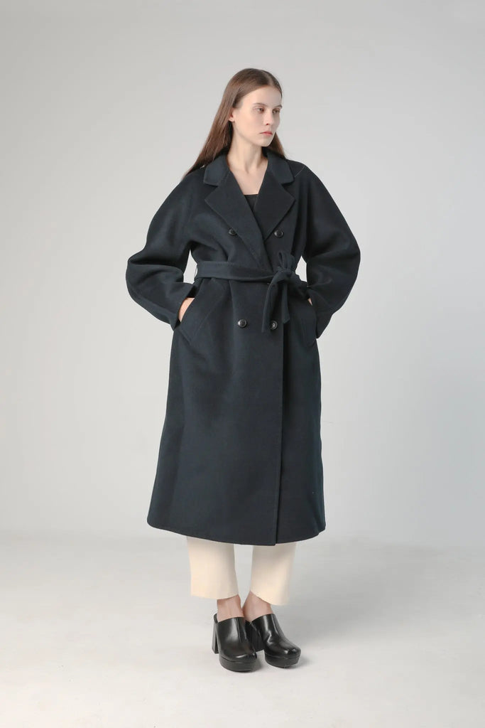 fibflx women's clothes winter trench coat woolen coat with belt wool cashmere black